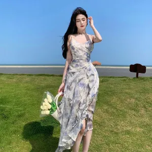 2025 Suspender floral dress children summer waist thin sweet first love coffee break  seaside vacation small man