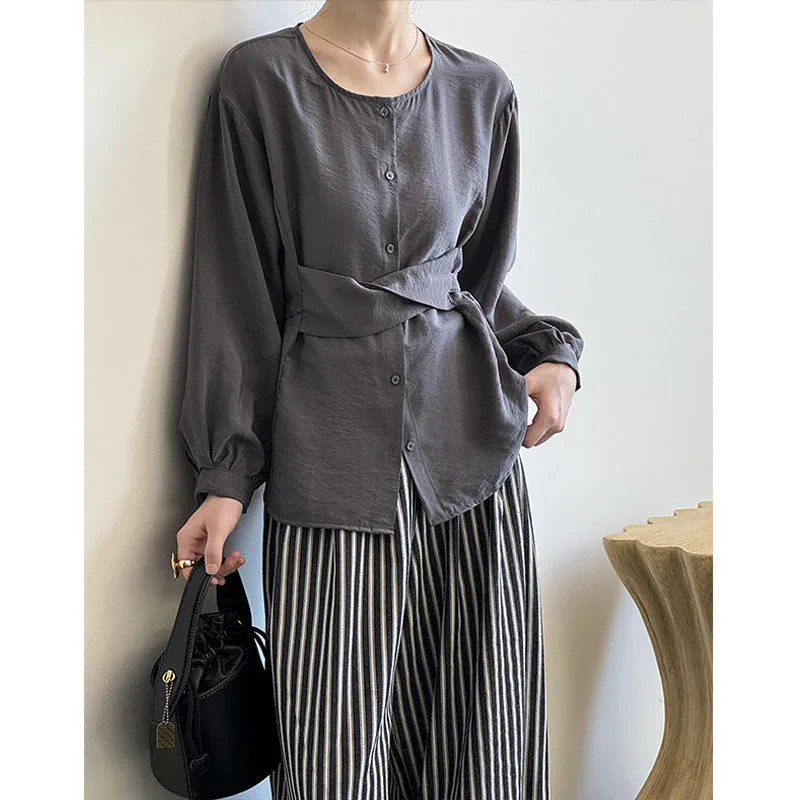 2025 Tachibana popular autumn new Korean design sense waist strap loose and thin Popular shirt women 2159