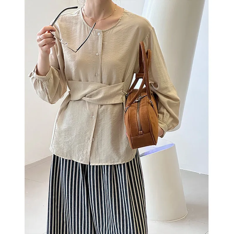 2025 Tachibana popular autumn new Korean design sense waist strap loose and thin Popular shirt women 2159