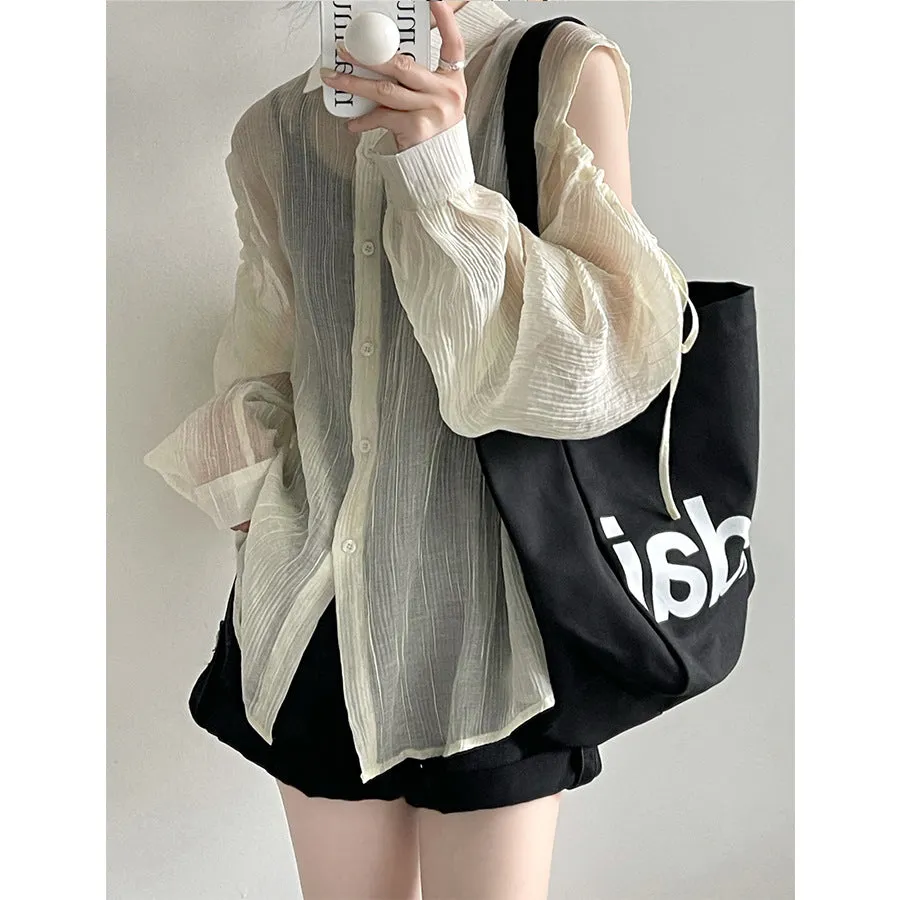 2025 Tachibana  summer solid color thin off-the-shoulder loose BF wind sunscreen clothes shoulder sleeves thin shirt women's 6183