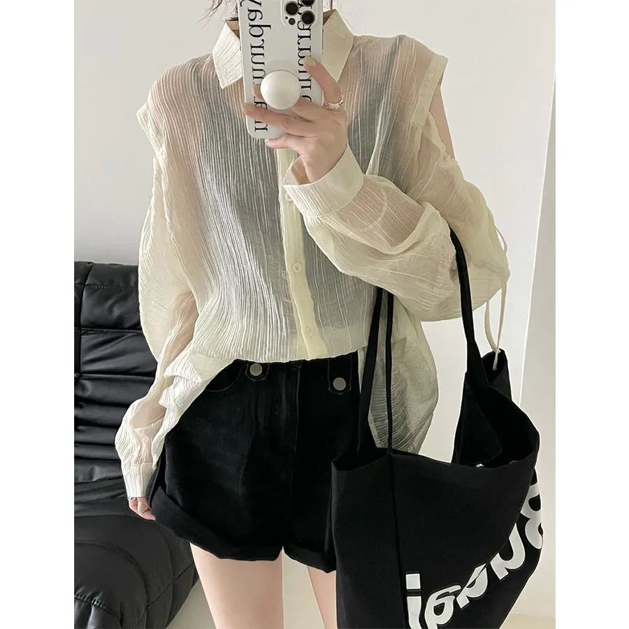 2025 Tachibana  summer solid color thin off-the-shoulder loose BF wind sunscreen clothes shoulder sleeves thin shirt women's 6183