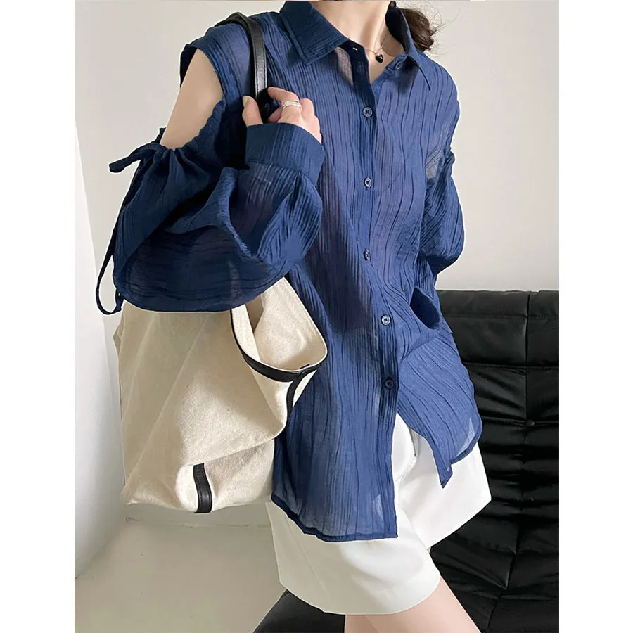2025 Tachibana  summer solid color thin off-the-shoulder loose BF wind sunscreen clothes shoulder sleeves thin shirt women's 6183