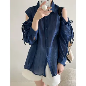 2025 Tachibana  summer solid color thin off-the-shoulder loose BF wind sunscreen clothes shoulder sleeves thin shirt women's 6183