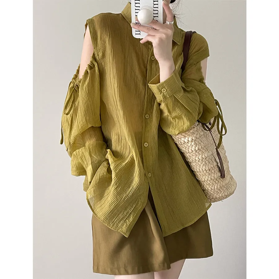 2025 Tachibana  summer solid color thin off-the-shoulder loose BF wind sunscreen clothes shoulder sleeves thin shirt women's 6183