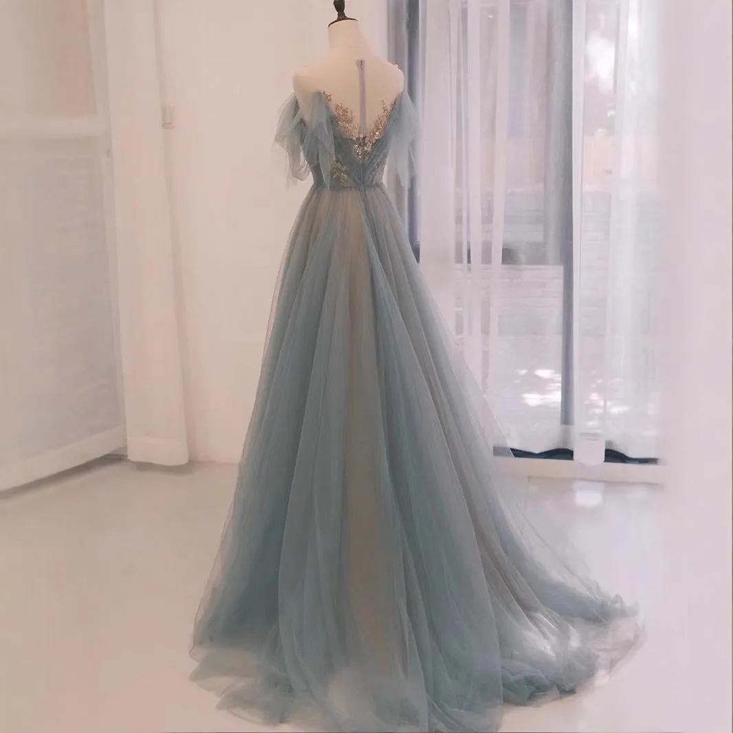 2025smog blue wedding dress evening dress fairy energy banquet showing thin temperament dance concert host performance clothes