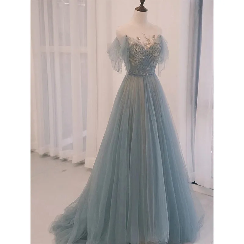 2025smog blue wedding dress evening dress fairy energy banquet showing thin temperament dance concert host performance clothes