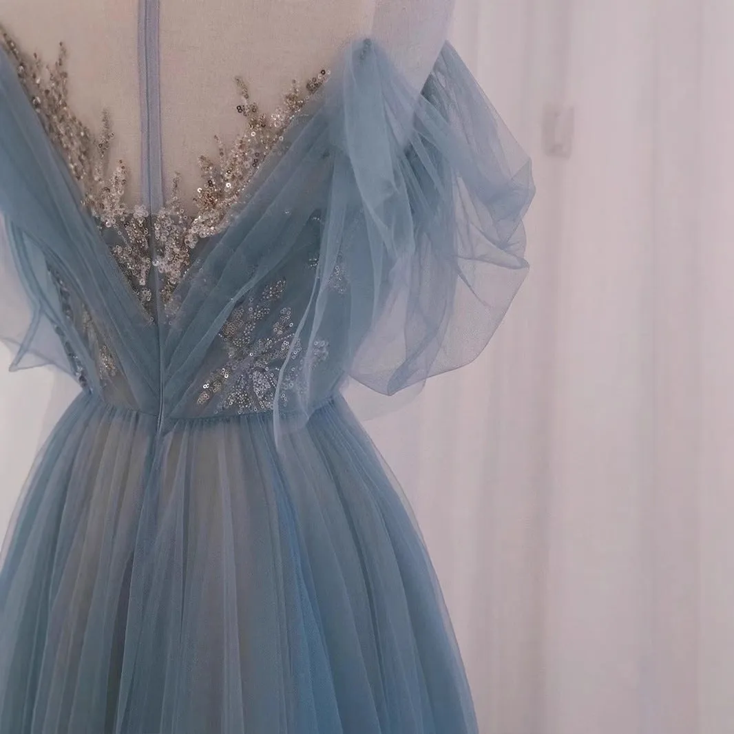 2025smog blue wedding dress evening dress fairy energy banquet showing thin temperament dance concert host performance clothes