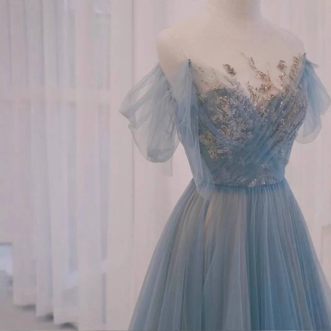 2025smog blue wedding dress evening dress fairy energy banquet showing thin temperament dance concert host performance clothes