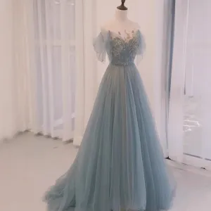 2025smog blue wedding dress evening dress fairy energy banquet showing thin temperament dance concert host performance clothes