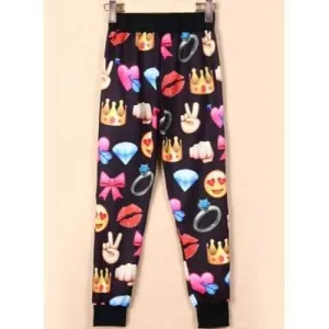 Active Mid Waist Smilling Face Pattern Heart and Bowknot Print Women's Pants - Black S