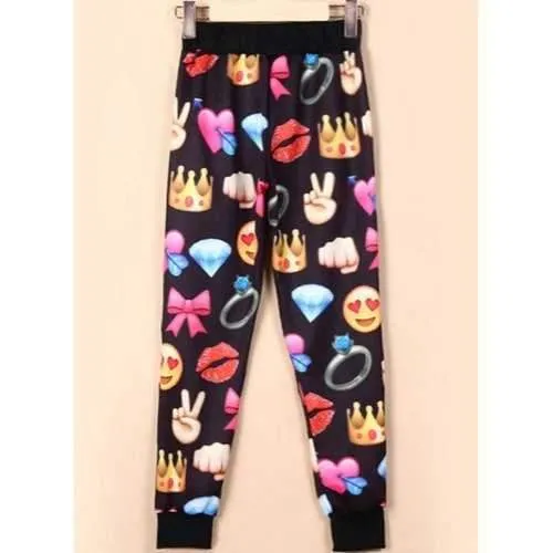Active Mid Waist Smilling Face Pattern Heart and Bowknot Print Women's Pants - Black S