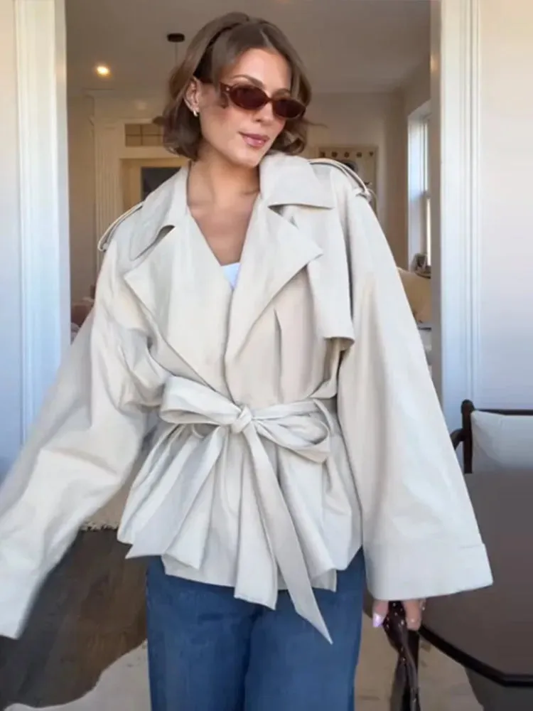 ADVBRIDGE  -  Vintage Lapel Windbreaker With Belt Women Casual Loose Khaki Short Jackets Female 2025 Spring Versatile Chic Street Outwear