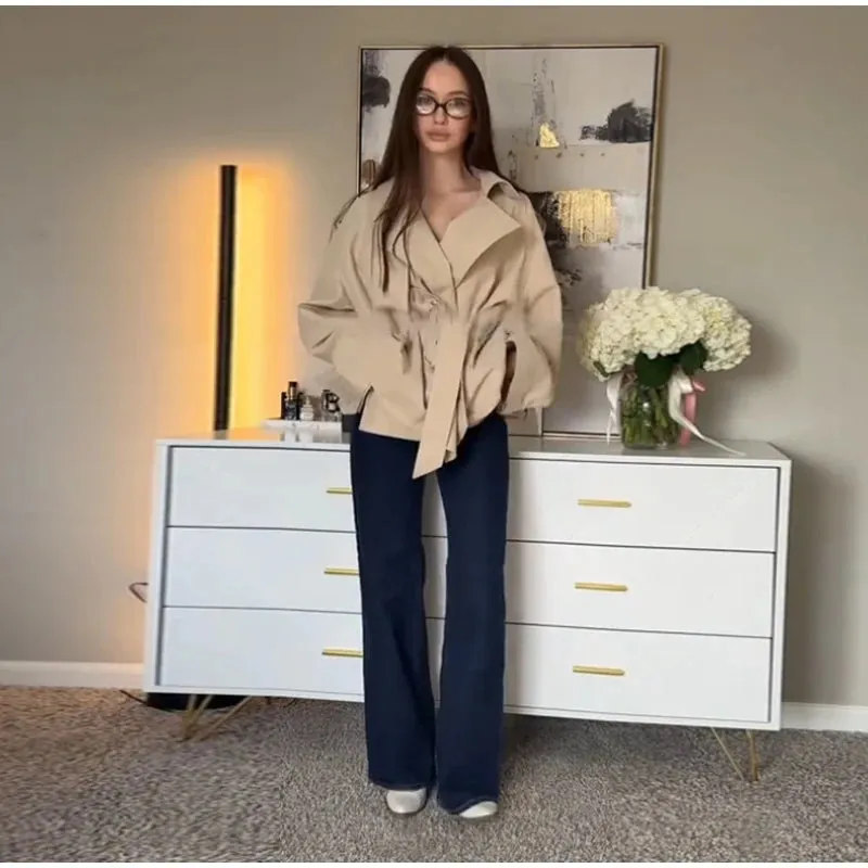 ADVBRIDGE  -  Vintage Lapel Windbreaker With Belt Women Casual Loose Khaki Short Jackets Female 2025 Spring Versatile Chic Street Outwear