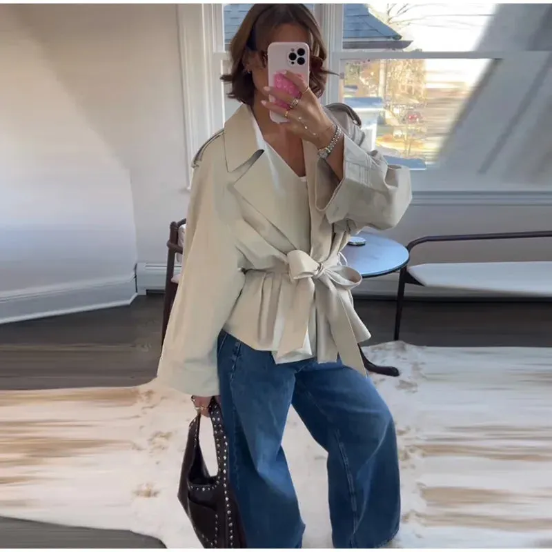 ADVBRIDGE  -  Vintage Lapel Windbreaker With Belt Women Casual Loose Khaki Short Jackets Female 2025 Spring Versatile Chic Street Outwear