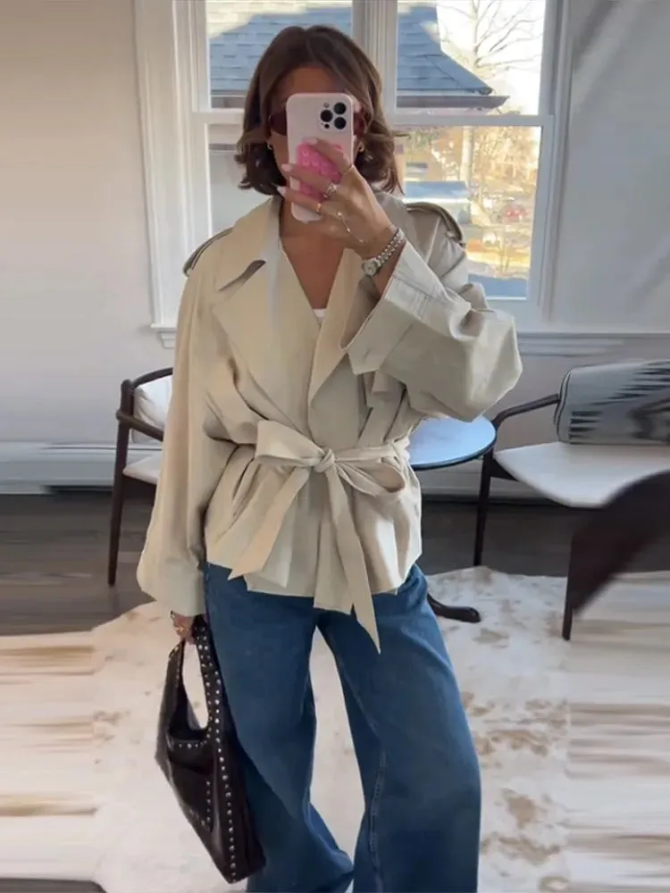 ADVBRIDGE  -  Vintage Lapel Windbreaker With Belt Women Casual Loose Khaki Short Jackets Female 2025 Spring Versatile Chic Street Outwear