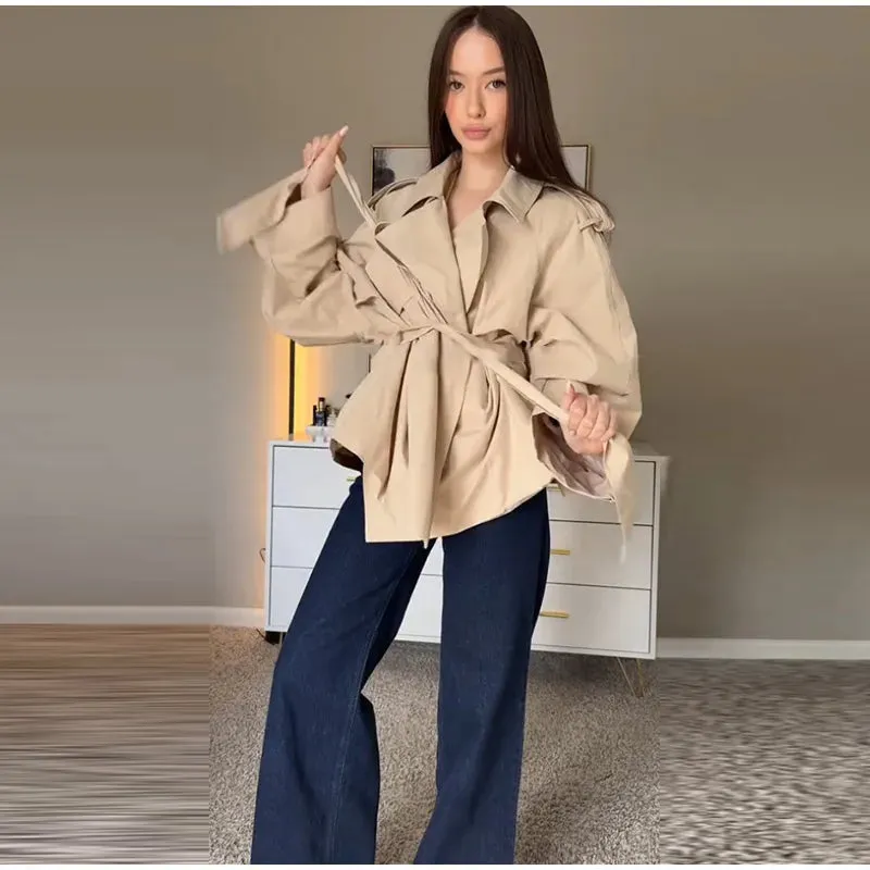 ADVBRIDGE  -  Vintage Lapel Windbreaker With Belt Women Casual Loose Khaki Short Jackets Female 2025 Spring Versatile Chic Street Outwear