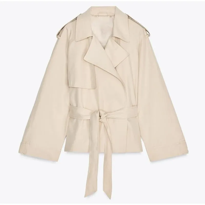 ADVBRIDGE  -  Vintage Lapel Windbreaker With Belt Women Casual Loose Khaki Short Jackets Female 2025 Spring Versatile Chic Street Outwear
