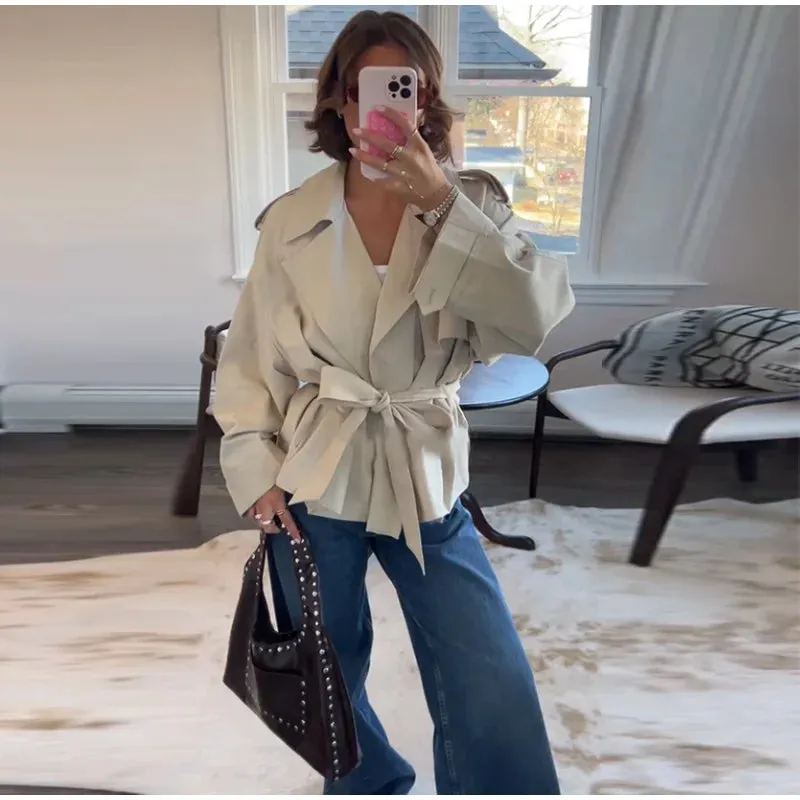ADVBRIDGE  -  Vintage Lapel Windbreaker With Belt Women Casual Loose Khaki Short Jackets Female 2025 Spring Versatile Chic Street Outwear
