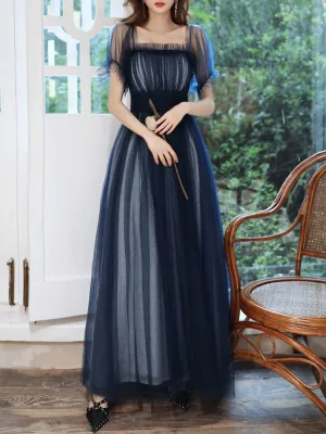 Amazing Evening Dress A-Line Square Neck Floor-Length Short Sleeves Zipper Pleated Tulle Formal Dinner Dresses Pageant Dress