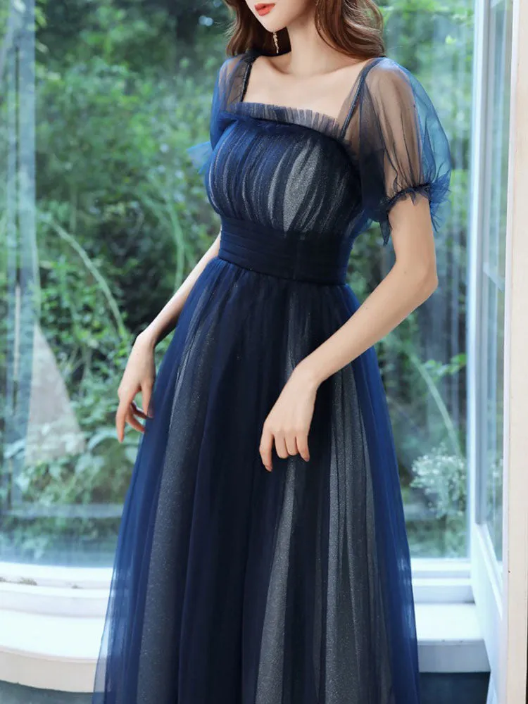 Amazing Evening Dress A-Line Square Neck Floor-Length Short Sleeves Zipper Pleated Tulle Formal Dinner Dresses Pageant Dress