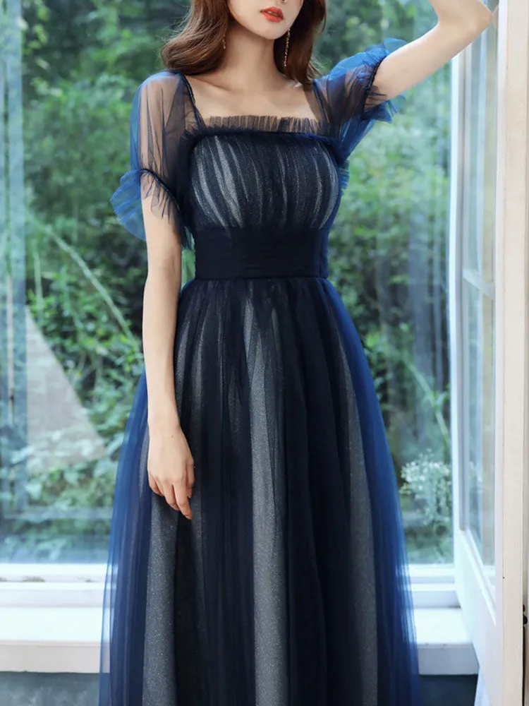 Amazing Evening Dress A-Line Square Neck Floor-Length Short Sleeves Zipper Pleated Tulle Formal Dinner Dresses Pageant Dress
