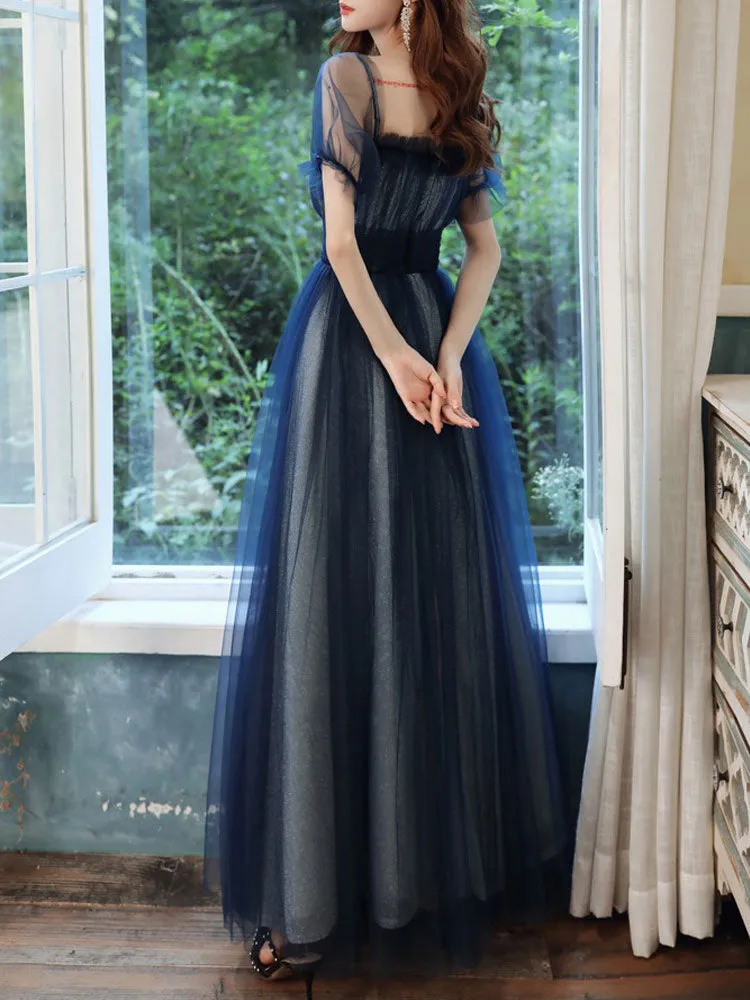 Amazing Evening Dress A-Line Square Neck Floor-Length Short Sleeves Zipper Pleated Tulle Formal Dinner Dresses Pageant Dress