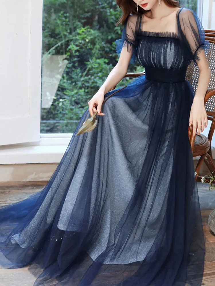 Amazing Evening Dress A-Line Square Neck Floor-Length Short Sleeves Zipper Pleated Tulle Formal Dinner Dresses Pageant Dress