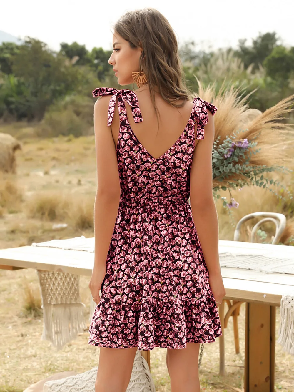 Backless Lace-up V-neck Floral Mini Dresses Open Back