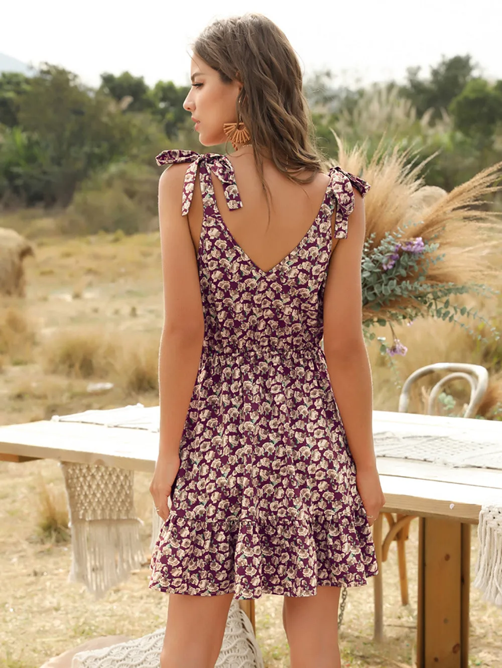 Backless Lace-up V-neck Floral Mini Dresses Open Back
