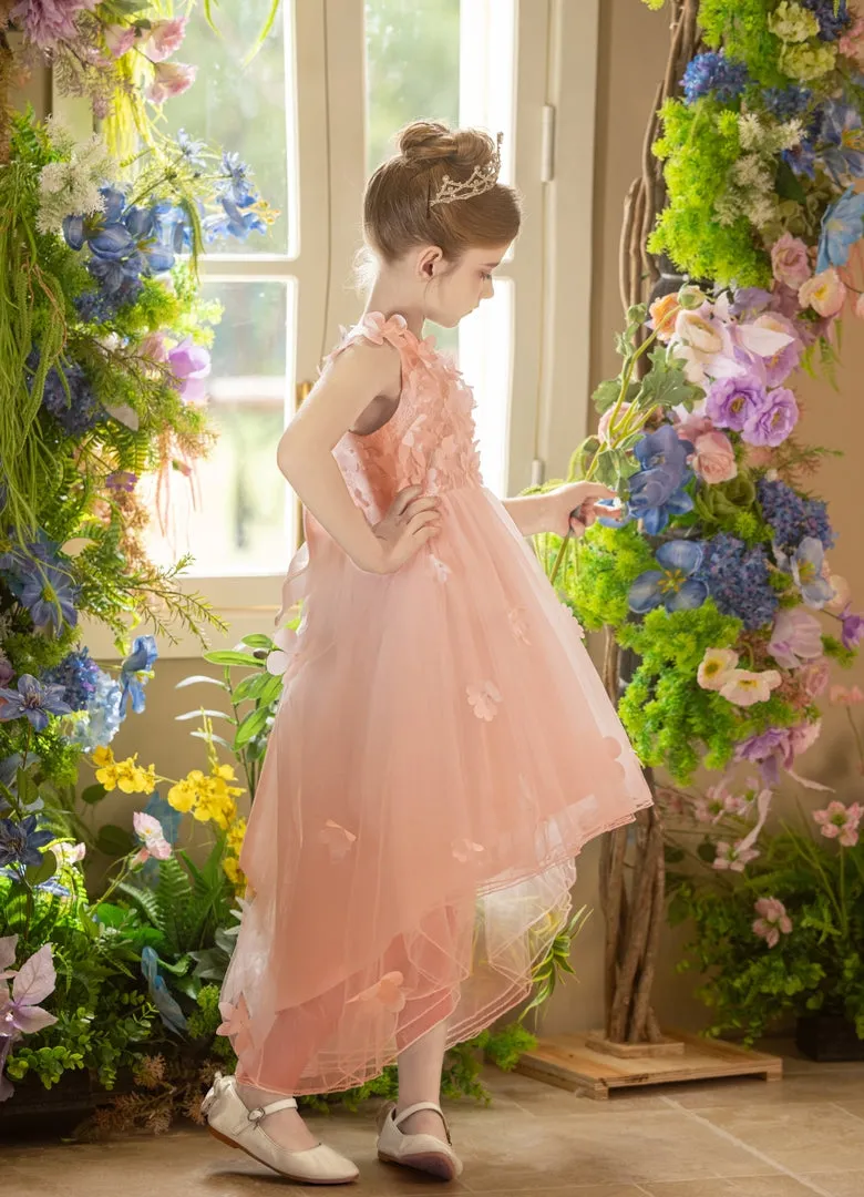 Ball-Gown/Princess V-Neck Asymmetrical Tulle Flower Girl Dress With Beading/3D Floral/Bow