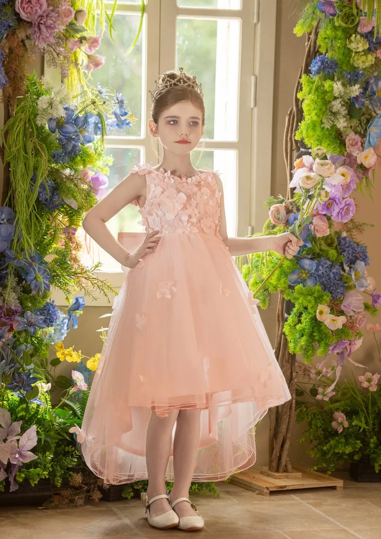 Ball-Gown/Princess V-Neck Asymmetrical Tulle Flower Girl Dress With Beading/3D Floral/Bow