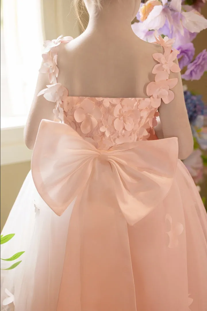Ball-Gown/Princess V-Neck Asymmetrical Tulle Flower Girl Dress With Beading/3D Floral/Bow