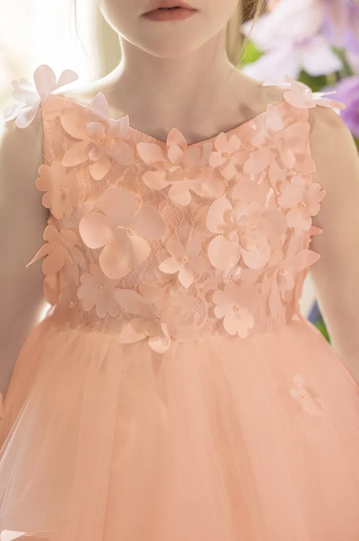Ball-Gown/Princess V-Neck Asymmetrical Tulle Flower Girl Dress With Beading/3D Floral/Bow