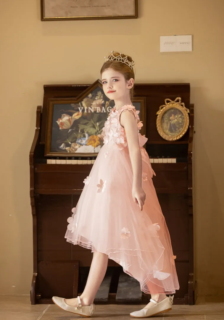 Ball-Gown/Princess V-Neck Asymmetrical Tulle Flower Girl Dress With Beading/3D Floral/Bow