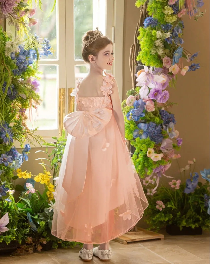 Ball-Gown/Princess V-Neck Asymmetrical Tulle Flower Girl Dress With Beading/3D Floral/Bow