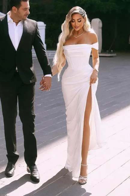 Ballbella Elegant Slit Front Off-The-Shoulder Stain Short Sleeves Long Evening Dress with Ruffles