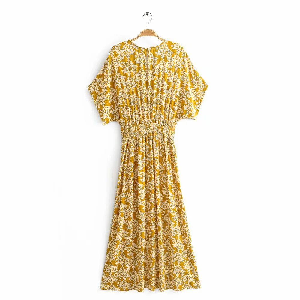 Batwing Sleeve V-neck Split Floral Maxi Dresses