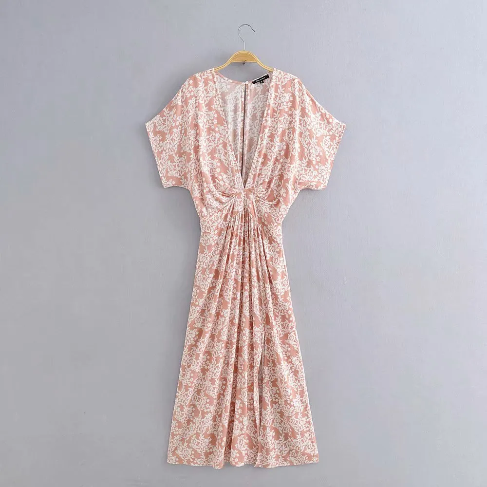 Batwing Sleeve V-neck Split Floral Maxi Dresses