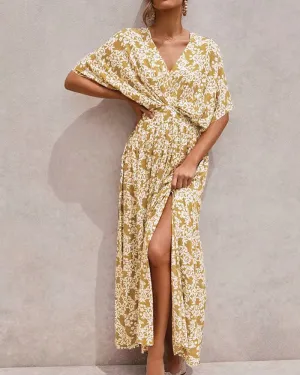 Batwing Sleeve V-neck Split Floral Maxi Dresses