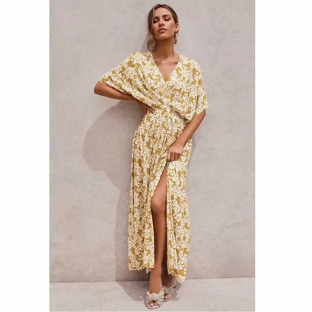 Batwing Sleeve V-neck Split Floral Maxi Dresses