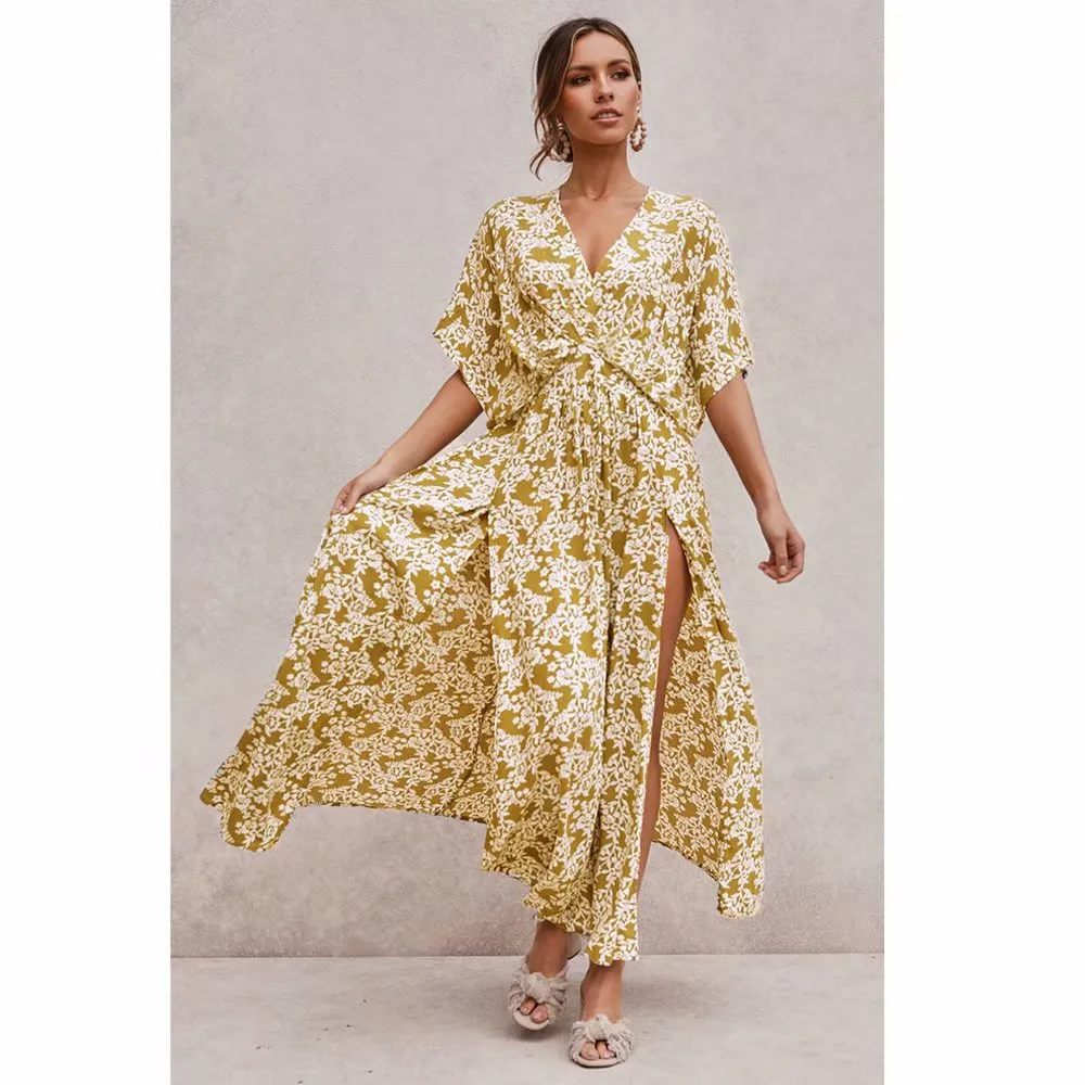 Batwing Sleeve V-neck Split Floral Maxi Dresses