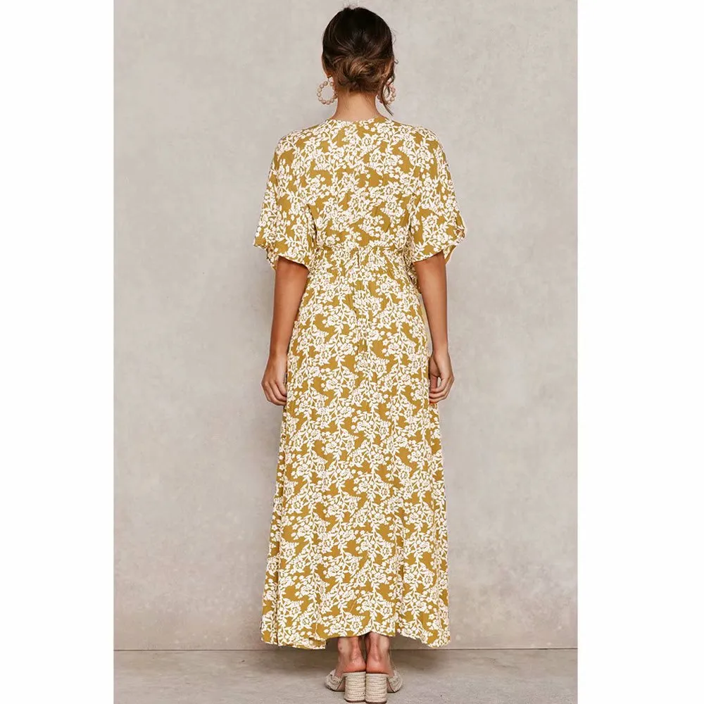 Batwing Sleeve V-neck Split Floral Maxi Dresses