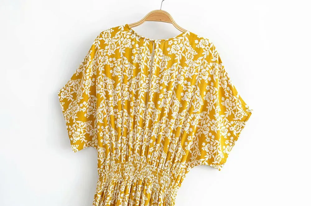 Batwing Sleeve V-neck Split Floral Maxi Dresses
