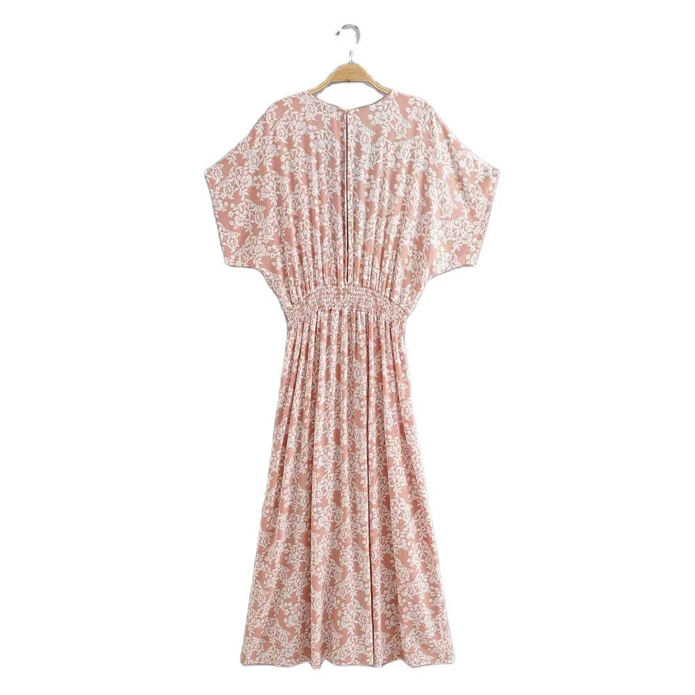 Batwing Sleeve V-neck Split Floral Maxi Dresses