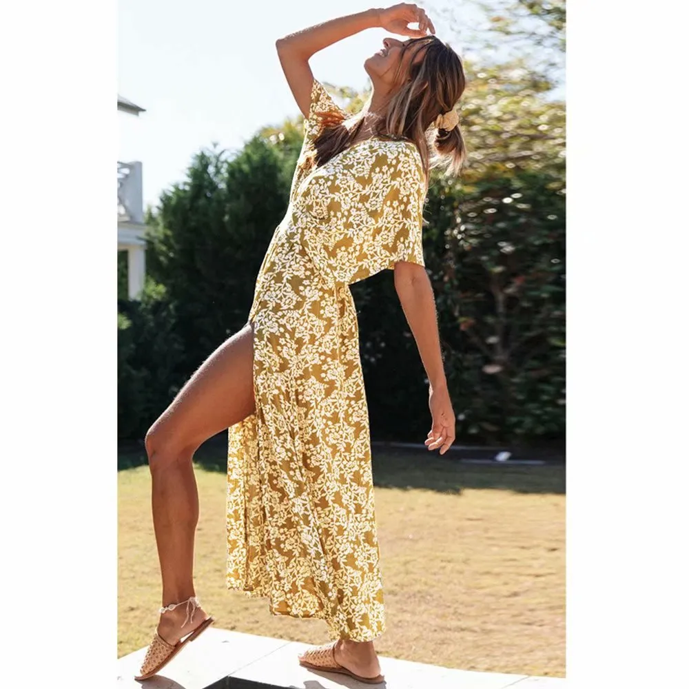 Batwing Sleeve V-neck Split Floral Maxi Dresses