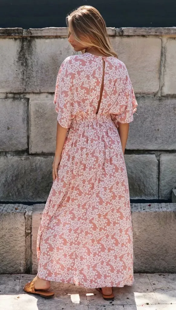 Batwing Sleeve V-neck Split Floral Maxi Dresses