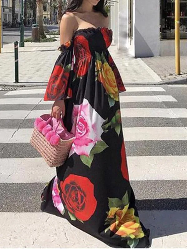 BerryBetty - Long Summer Print Floral Off Shoulder Maxi Dress