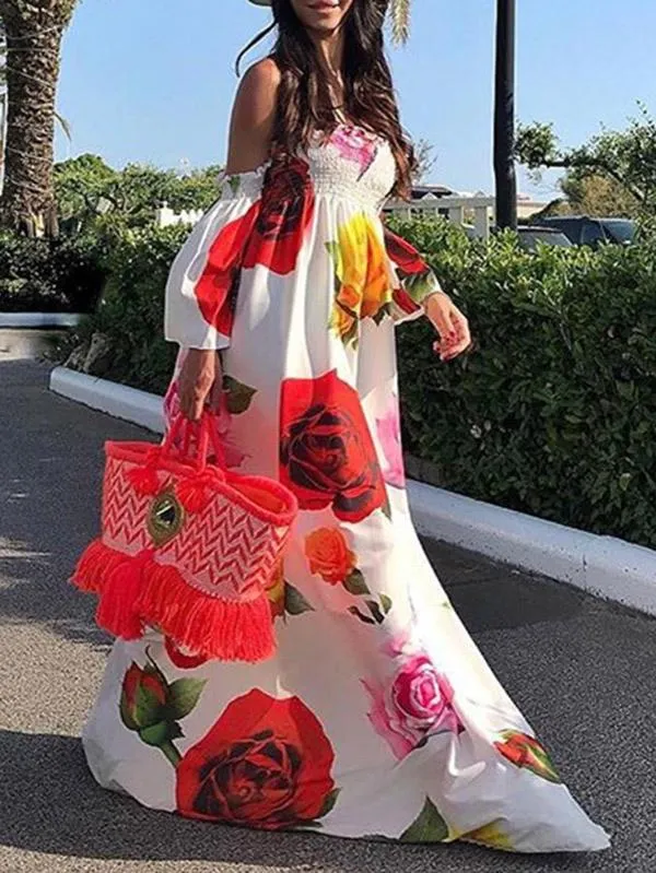 BerryBetty - Long Summer Print Floral Off Shoulder Maxi Dress