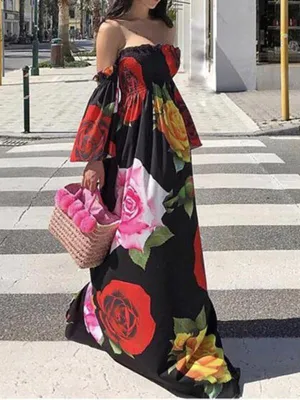 BerryBetty - Long Summer Print Floral Off Shoulder Maxi Dress