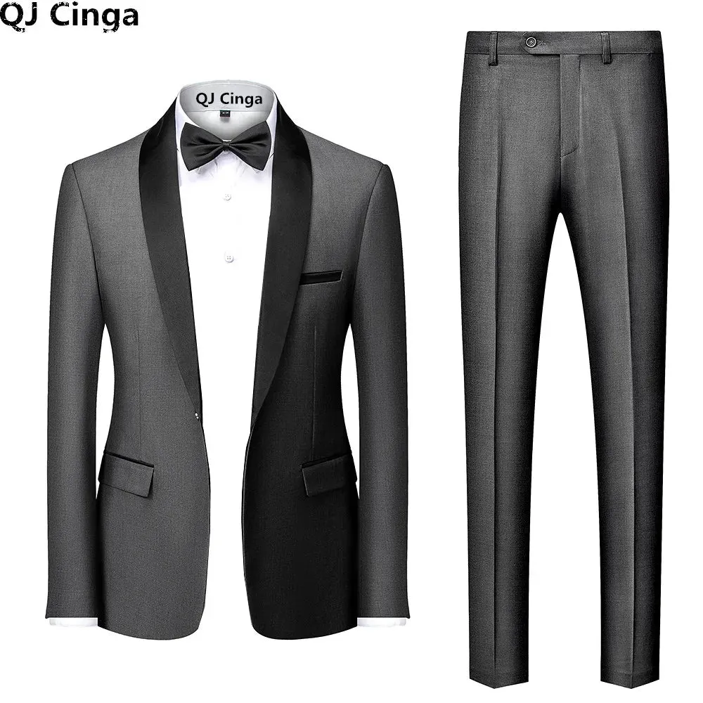 Black Men Mariage Color Block Collar Suits Jacket Trousers Male Business Casual Wedding Blazers Coat Pants 2 Pieces Set S-6XL